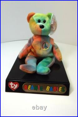 1996 PEACE BEAR (RETIRED) BEANIE BABY With SEVERAL RARE TAG ERRORS IN DISPLAY CASE 1996 PEACE BEAR (RETIRED) BEANIE BABY With SEVERAL RARE TAG ERRORS IN DISPLAY CASE