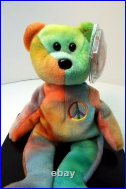 1996 PEACE BEAR (RETIRED) BEANIE BABY With SEVERAL RARE TAG ERRORS IN DISPLAY CASE 1996 PEACE BEAR (RETIRED) BEANIE BABY With SEVERAL RARE TAG ERRORS IN DISPLAY CASE