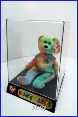 1996 PEACE BEAR (RETIRED) BEANIE BABY With SEVERAL RARE TAG ERRORS IN DISPLAY CASE 1996 PEACE BEAR (RETIRED) BEANIE BABY With SEVERAL RARE TAG ERRORS IN DISPLAY CASE
