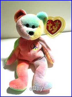 1996 TY Beanie Babies Peace Tie-Dye Bear RARE WITH TAG ERRORS