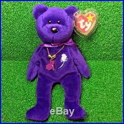 1997 Princess Diana Bear Ty Beanie Baby China PVC No Space & RARE Charm Necklace