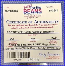 Authenticated PROTOTYPE Ty Beanie WHITE PATCH BRITANNIA Ultra Rare MQ PAX Tags