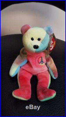 Authenticated Rare 1996 TY Beanie Baby PEACE Tie-Dye Bear Style #4053