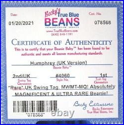 Authenticated Ty 2nd Gen HUMPHREY with Ultra Rare UK Swing Tag MWMT MQ & Pristine
