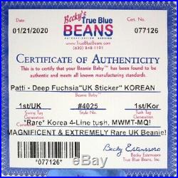 Authenticated Ty Beanie 1st Gen UK Sticker DEEP FUCHSIA PATTI Ultra Rare MWMT MQ