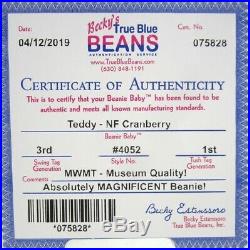 Authenticated Ty Beanie Baby 3rd / 1st Gen NEW FACE CRANBERRY Teddy RARE MWMT MQ