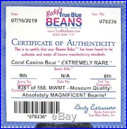Authenticated Ty Beanie Baby CORAL CASINO Teddy MWMT MQ Pristine & Ultra Rare