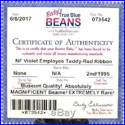 Authenticated Ty Beanie New Face Violet EMPLOYEE TEDDY SET Red & Green MQ RARE