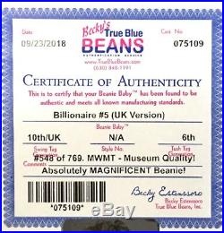 Authenticated UK VERSION Ty Warner Signed BILLIONAIRE 5 Beanie MWMT MQ! RARE