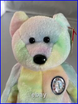 Birthday Bear, TY Original MINT Rainbow 1999 Rare retired beanie babies, errors