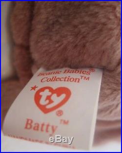 Collectible 1996 Rare TY Beanie Baby Batty Bat Wrong Name Error Ears PVC Pellets