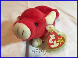 Extremely Rare Vintage 1995 Snort Ty Beanie Baby Red Bull Plushie With Tag