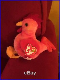 L@@K Strut the Rooster Beanie Baby RARE FABRIC DYE ERROR Yellow Pink Barn Bird