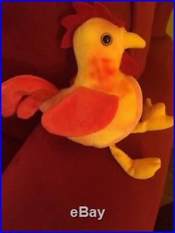 L@@K Strut the Rooster Beanie Baby RARE FABRIC DYE ERROR Yellow Pink Barn Bird
