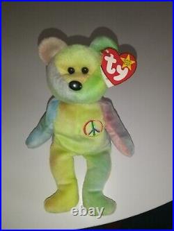 NWT Vtg 1996 Ty Beanie Baby RARE Tie Dye Bear PEACE 4053 with Tag Errors