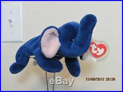 PEANUT Royal Blue Beanie Baby Elephant Plush Stuffed (RARE!)