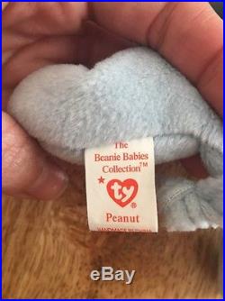 Peanut Beanie Baby Light Blue- RARE Lots Of Errors On Hang Tag + Tush Tag PVC