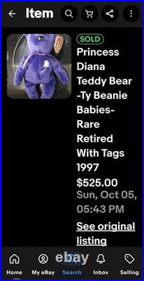 Princess Diana Teddy Bear -Ty Beanie Babies- Rare Retired With Tags 1997