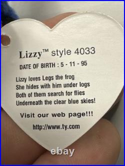 RARE 1995 Lizzy Beanie Baby PVC Pellets, Tag Errors, Retired MWMT