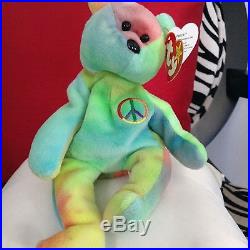RARE 1996 Collectible TY Peace Bear Bright Green Beanie Baby with Errors on Tags