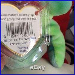 RARE 1996 Collectible TY Peace Bear Bright Green Beanie Baby with Errors on Tags