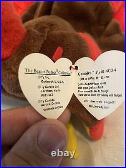 RARE-1996 Gobbles the Turkey TY Beanie Baby HAS 8 TAG ERRORS