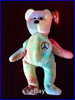 RARE 1996 PEACE Bear Tye Dye Multi Color TY Beanie Babies Baby PVC MINT 4053