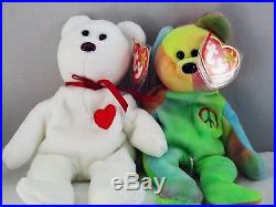 RARE! 2 BEANIE BABIES-PEACE & VALENTINO-With SPELLING ERRORS, NO STAMP/#, MINT