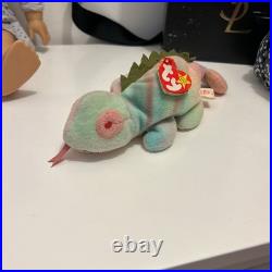 RARE Beanie Babies TY Iguana Iggy COLOR ERROR Rainbow Red Eyes PVC Pellets 1997
