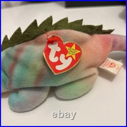 RARE Beanie Babies TY Iguana Iggy COLOR ERROR Rainbow Red Eyes PVC Pellets 1997