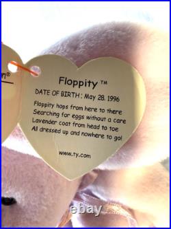 RARE RETIRED MINT Ty Beanie Baby Rabbits, Floppity, Hippity, Hoppity with Errors