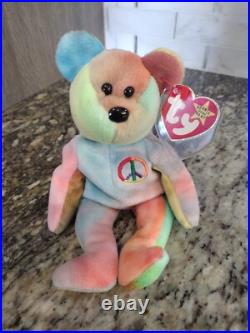 RARE RETIRED Ty Beanie Baby Peace Bear 1996 Multicolor Tag Errors Mint Condit