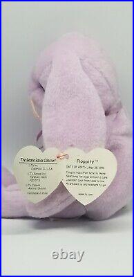 RARE TAG ERROR Ty 4118 Beanie Babies Floppity Rabbit Lilac- Great Condition