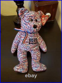 RARE TY BEANIE BABY USA bear red white blue bow year 2000 July 4