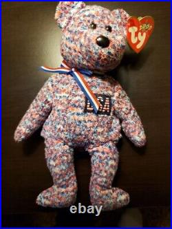 RARE TY BEANIE BABY USA bear red white blue bow year 2000 July 4