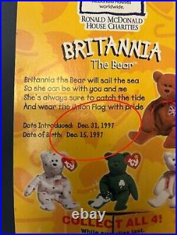 RARE TY Beanie Baby Britannia the Bear (1997) 3 Errors, New in Box