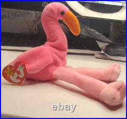 RARE Ty Beanie Babies Pinky the Flamingo Style 4072 1995 DOB 2-13-95 w ERRORS