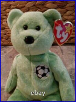 RARE! Ty Beanie Baby 1998 Kicks The Soccer Bear with Tag Errors 98/99