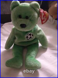 RARE! Ty Beanie Baby 1998 Kicks The Soccer Bear with Tag Errors 98/99