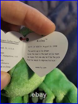 RARE! Ty Beanie Baby 1998 Kicks The Soccer Bear with Tag Errors 98/99