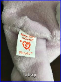 RARE Ty Beanie Baby Floppity Bunny Lavendar Purple Facial Errors Very RARE