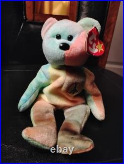RARE Ty Beanie Baby Peace Bear 1996 Multicolor WITH RARE HANGTAG ERROR