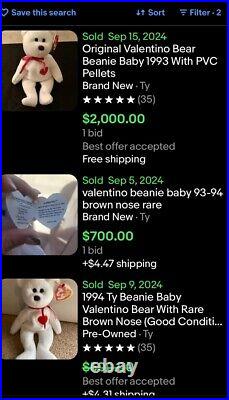 RARE Ty Valentino Beanie Baby Bear RETIRED 1994 Mint Condition ERRORS