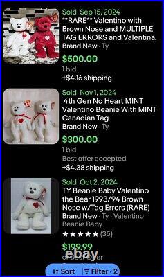 RARE Ty Valentino Beanie Baby Bear RETIRED 1994 Mint Condition ERRORS