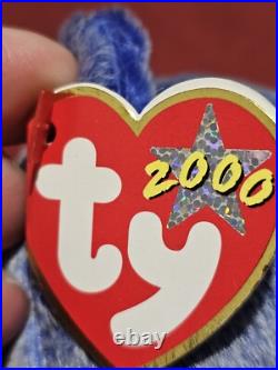RARE VINTAGE TY Beanie Baby Periwinkle The Bear 2000 Retired? ERRORS