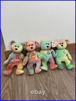 RETIRED'LOT OF 4' Ty Beanie Babies / RARE Peace Bear Tie Dye MINT with Tag