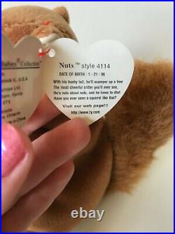 RETIRED ORIGINAL Ty Beanie Baby NUTS the Squirrel PVC, TAG ERRORS, MWMT & RARE