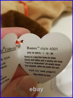 Rare 1993 Ty Bones Errors NWT Beanie Baby 4001 PVC Pellets Tag Errors