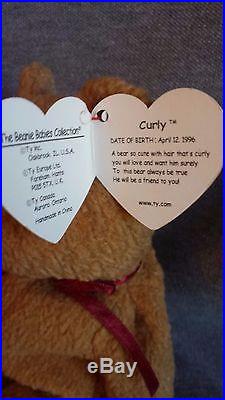 Rare MINT TY Curly Bear Beanie Baby Made in China Errors Both Tags Beanie Babies
