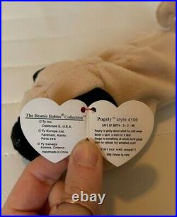 Rare Original TY Beanie Baby Pugsly 1996 style 4106 PVC pellets TAG ERRORS